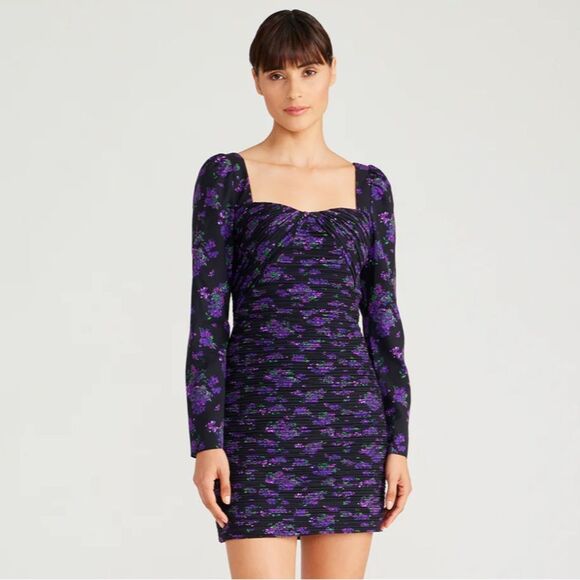 Amur Giulia Pleated Mini Dress Long Sleeve Black Purple Floral Size 6 - Picture 4 of 16